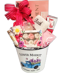 Flower Market gift basket filled with spa indulgences, chocolate treats and more.