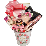 Best Mom Ever gift basket filled with mini sparkling champagne, rose soap petals, bath bubbles, chocolate, flavoured popcorn and more.