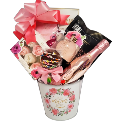 Best Mom Ever tin filled with mini sparkling champagne, rose soap petals, bath bubbles, chocolate, flavoured popcorn and more.