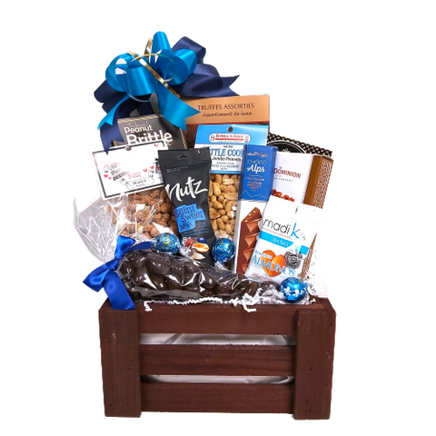 A crateful of nuts of all kinds!  There's peanut brittle, chocolate covered almonds, Bavarian nuts, spiced nuts, honey nuts, chocolate with nuts and truffles too!  An endless supply of delicious nuts for the nut lover!