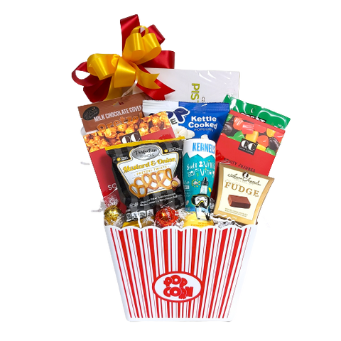 Inspire a fun movie night with this popcorn box filled with all the treats needed for a fun evening!  There's delicious chocolates, flavoured popcorn, pretzel varieties, caramel corn, jujubes and popcorn spice for your kernels!  A real treat to enjoy! 