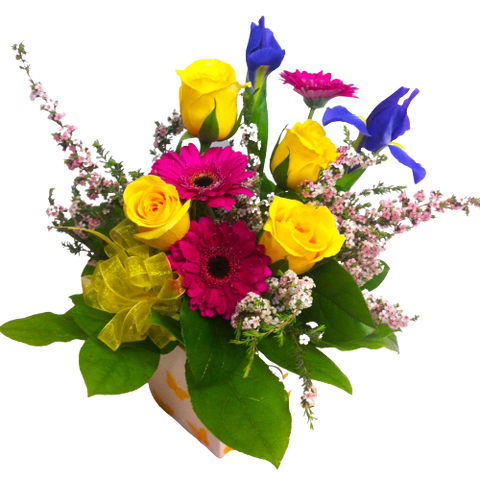 This bright and beautiful flower arrangement is sure to deliver a big smile.  Beautiful  blooms of yellow, fuschia, purples and pinks too!