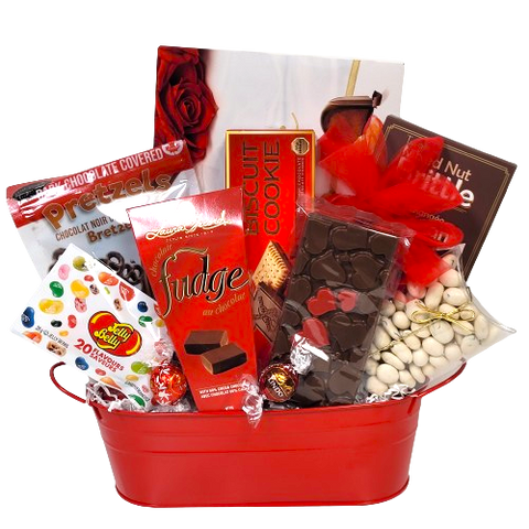 There's lots of scrumptious delights to enjoy nestled inside this one including pretzels, peanut brittle, jelly beans, fudge, cookies and more.  A special Valentine delight to receive! 