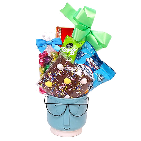 A  fun designer pot loaded with Easter treats sure to be a hit at Easter!  