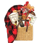 This basket includes everything needed to unwind and snuggle up with, perfect for sending warmth and loving comfort. A soft blanket awaits for snuggling, while a selection of gourmet treats such as crackers, cheese, red pepper jelly, dip mix, pretzels, mustard, and nuts provide delicious indulgence.