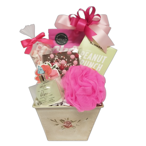 Indulge your Valentine with a gift basket of delectable treats, luxurious pampering bubble bath and a loofah.