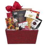 This handsome red and black checked basket is brimming with soooo many delectable sweets! There's popcorn, candy drops, cookies, and chocolate of all kinds to enjoy.