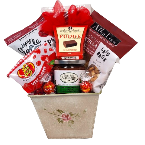 They're sure to indulge in the all the delicious treats nestled in this pretty rose tin. There's crispy apple chips, fudge, tortilla chips and salsa, nuts and more!