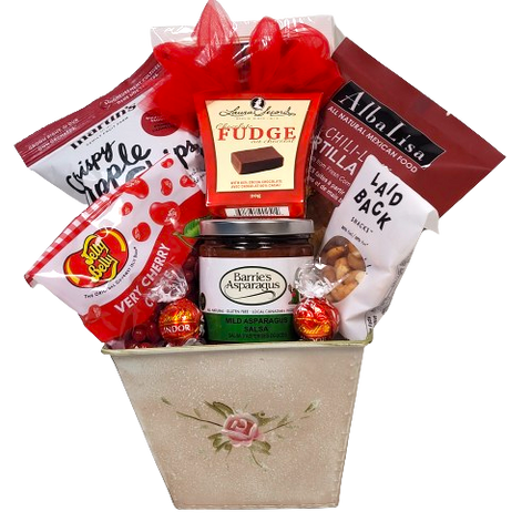 They're sure to indulge in the all the delicious treats nestled in this pretty rose tin.  There's crispy apple chips, fudge, tortilla chips and salsa, nuts and more!  