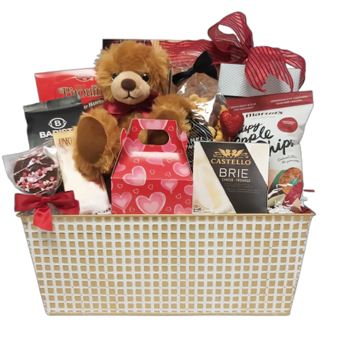 Your Valentine will indulge in an array of delectable delights, from chocolate treats to caramel corn, apple chips, crackers, cheese and Barista coffee. There's also a Valentine's bear keepsake, perfect to keep long after the last gourmet treat has been enjoyed.