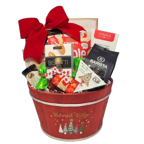 Send your warmest wishes with this festive designed wood gift basket. It's filled with all sorts of goodies to enjoy. There's pancake mix and maple syrup, specialty coffee and tea, biscotti and cookies, Chiwis' fruit chips, truffles and more.