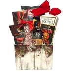 Nestled in our woodland box are some delicious BBQ fixings including BBQ sauce and steak rub along with some tasty treats to enjoy while grilling. There's mini pepperettes, pretzels, chips and chocolate too.