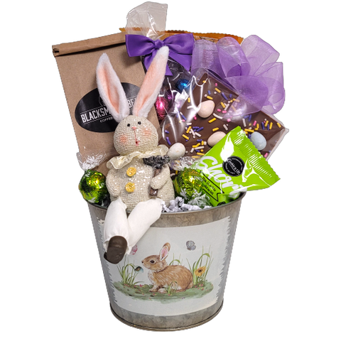 A classic Easter Bunny tin loaded with gourmet coffee, cookies, shortbread, chocolate Easter eggs, chocolate Easter bark and a cute bunny to keep!