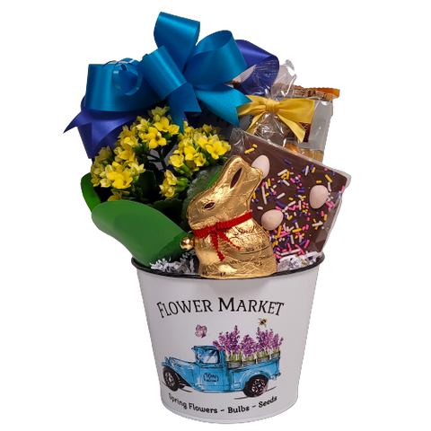 Yummy Easter treats are loaded in our pretty Flower Market tin pot along with a pretty flowering plant to enjoy after the treats are all gone! 