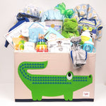 A toy box gift basket filled with blankets, outfits, hooded towel, Mama and baby plush, baby's first sippy cup, a keepsake timecapsule for baby's special firsts, baby's first book and so much more.