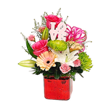 A pretty cube floral design with pink roses, gerberas, spray roses and green fugi mums.