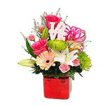 red cube floral design with pink roses, gerberas, spray roses and green fugi mums