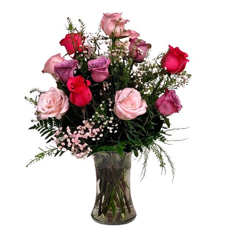 Vase Arrangement of 12 coloured roses in pinks and lavender