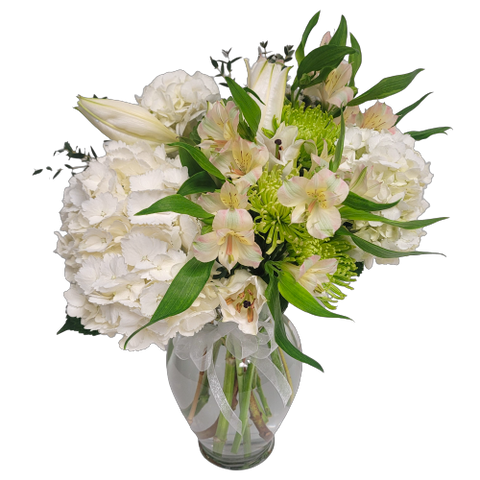 Send some peaceful thoughts with this beautiful vase arrangement of white and green florals.