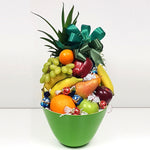 A luscious arrangement of seasonal fresh fruits nestled in a keepsake bamboo fruit bowl gift basket.