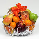 A lovely fruit gift basket nestled with some tasty fruit, specialty coffee and tea.