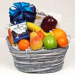 A wonderful fruit gift basket with a simple assortment of fruits to enjoy with a few little somethings to satisfy the sweet tooth.