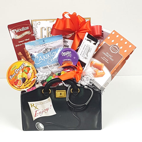 A doctor's bag get well gift basket brimming with just the right prescription of sweet treats.
