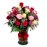 A lush vase arrangement of two dozen coloured roses elegantly arranged in our large classic vase.