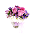 Our pretty rounded vase is filled with white hydrangea, soft pink roses, lavender alstromeria and asters