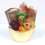 A pretty golden half moon gift basket filled with sweet & salty treats to soothe the soul. 