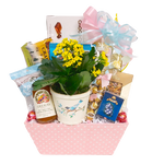 Nestled in a pretty fabric basket you'll find tasty Easter treats of chocolate, crackers, jam, cookies, sweet & salty snack mix, tea and more along with a pretty spring plant to nurture and grow.