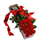 Classic boxed arrangement of a dozen long stem red roses.