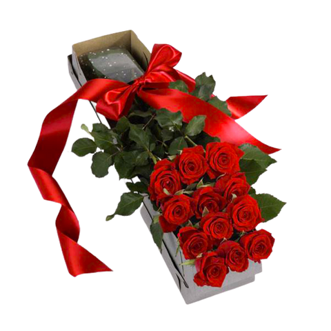 Classic boxed arrangement of a dozen long stem red roses.