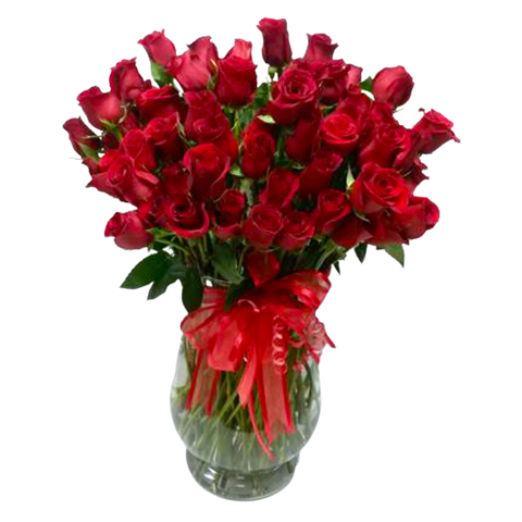 Exquisite vase arrangement of four dozen red roses!