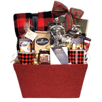 Perfect for a Holiday Get Away. This basket is loaded with everything needed to cozy up for the Holidays. There's a warm and cozy blanket, coffee, coffee press, coffee mugs, cider mix, crackers and cheese, red pepper jelly and some sweet treats too!