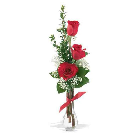  Three red rose in a pretty vase with luscious greens